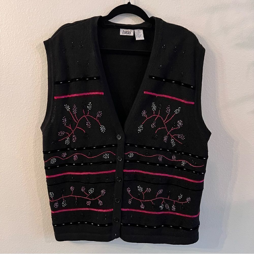 Vtg Lucia Sweater Vest Black Ribbon Beads Embroidery Size XL